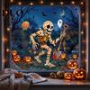 Waterproof Holiday Window Film Halloween Clings, Pumpkins Skeletons Ghosts And Bats Print Decorative Indoor Outdoor Glass Ornaments