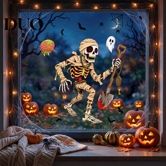 Waterproof Holiday Window Film Halloween Clings, Pumpkins Skeletons Ghosts And Bats Print Decorative Indoor Outdoor Glass Ornaments