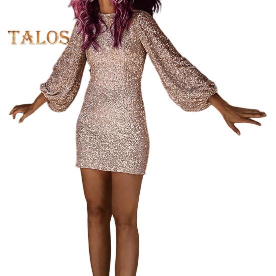 Осенне-весеннее женское платье с длинными рукавами-фонариками, круглым вырезом и пайетками, облегающее мини-платье для выпускного вечера, банкета, короткое платье