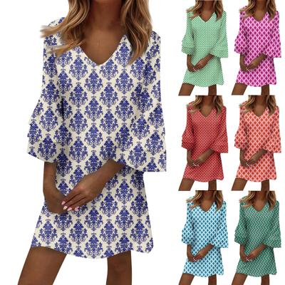 Женское модное темпераментное элегантное платье с v-образным вырезом и рукавами 3/4 со свежим принтом