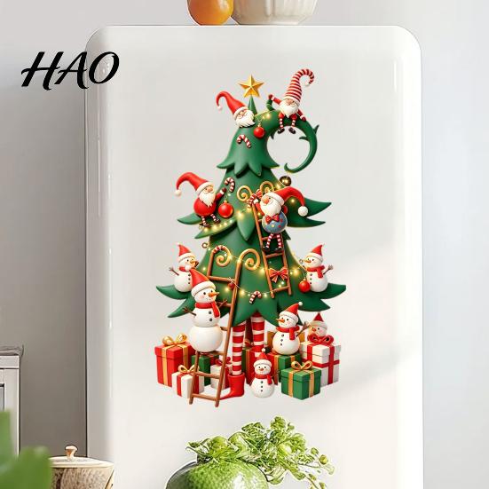 Durable Holiday Window Art Christmas Tree Stickers with Gnome And Snowman, Removable Glass Stickers, PVC Decorative for Windows Waterproof Wall Decor