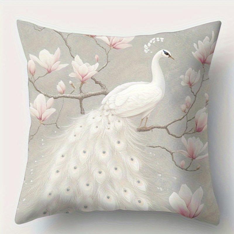 White Peacocks And Magnolia Blossoms Double-Sided Printed Pillow Cover Short Plush Suitable Living Room Sofa Throw Cushion Cover