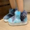 Fashion Fluffy Blue Fur Non Slip Warm Snow Boots Women 2025 Causal Mix Color Long Plush Snow Boots Women Thicken Bottom Faux Fur Shoes