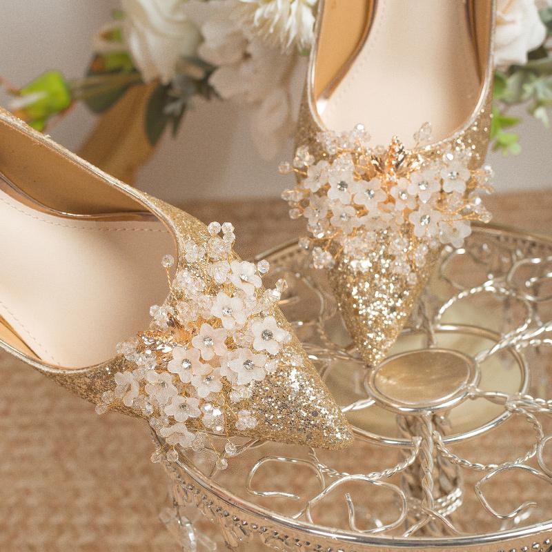 Модная роскошная хрустальная свадебная обувь, сексуальный острый носок, прозрачный жемчуг, стразы, цветок, шампанское, для невесты, 6/8 см, тонкие каблуки, туфли-лодочки для невесты