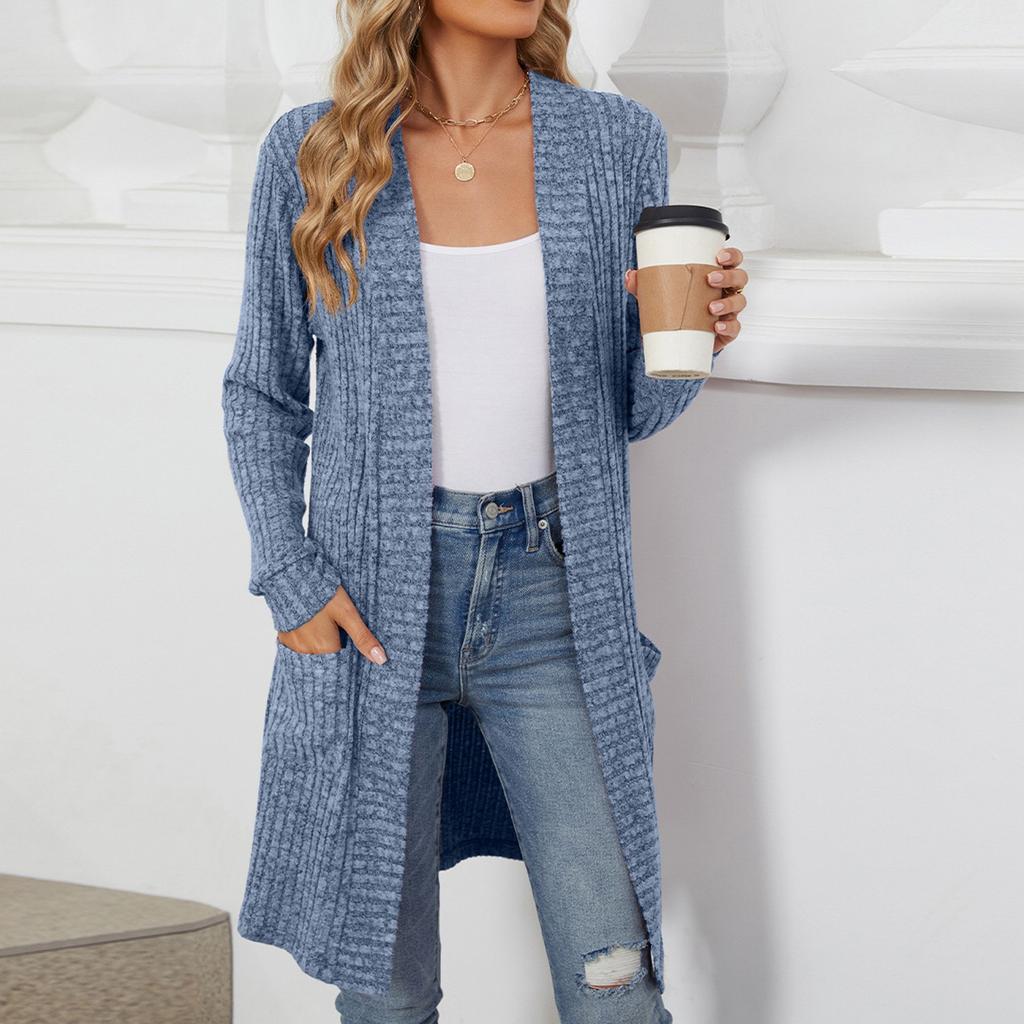 Женский повседневный и модный однотонный кардиган с длинным рукавом и карманами