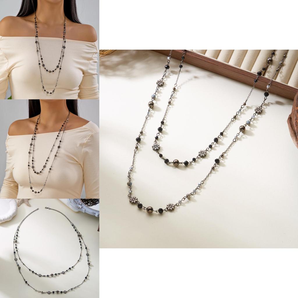 Trendy Double Chain Floral Pendant Necklace For Women Long Layered Summer Accessory