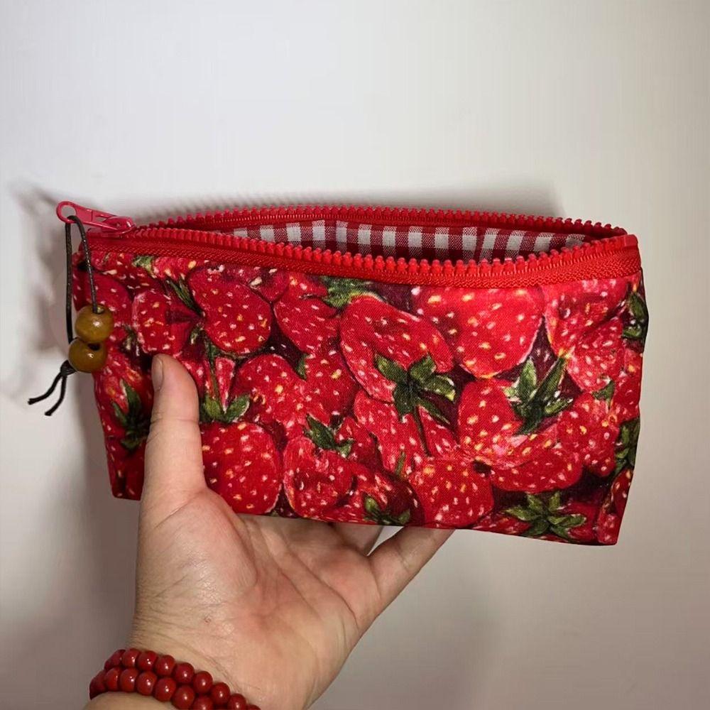 Zipper Design Pencil Case Strawberry Print Cosmetic Bag Trendy Makeup Pouch  School Supplies