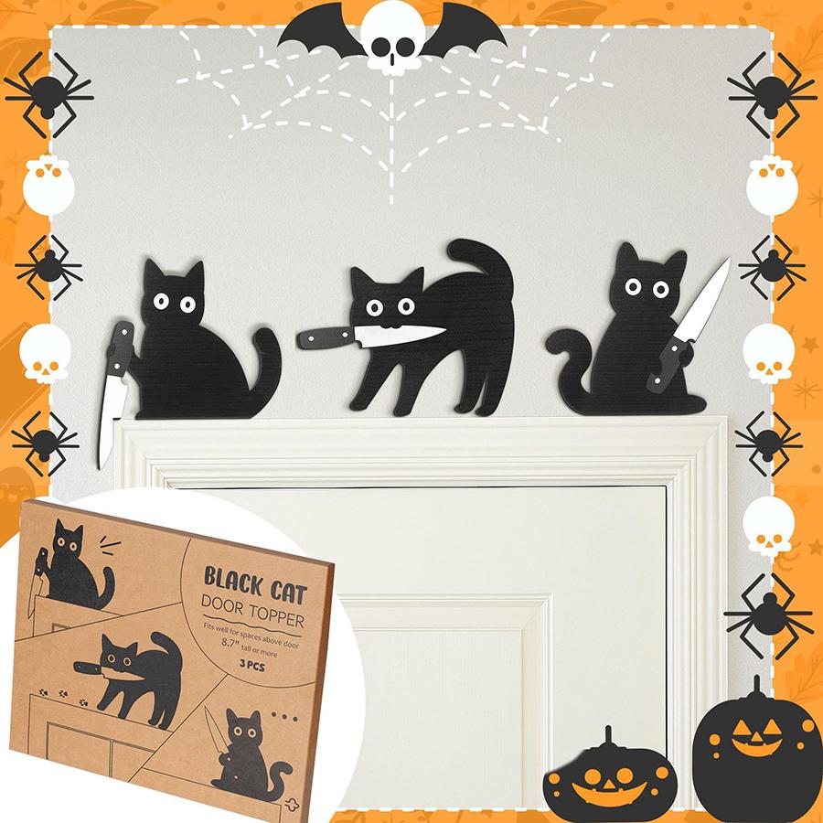 Whimsical Black Cat Door Frame Decor 3pcs • Wooden Wall Art • Home Bedroom Decorative Sign