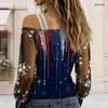 Women Plus Size Asymmetric Off Shoulder Long Sleeve T Shirt Star Printed Red Blue White Rhinestone Strap Sheer Floral Sleeve