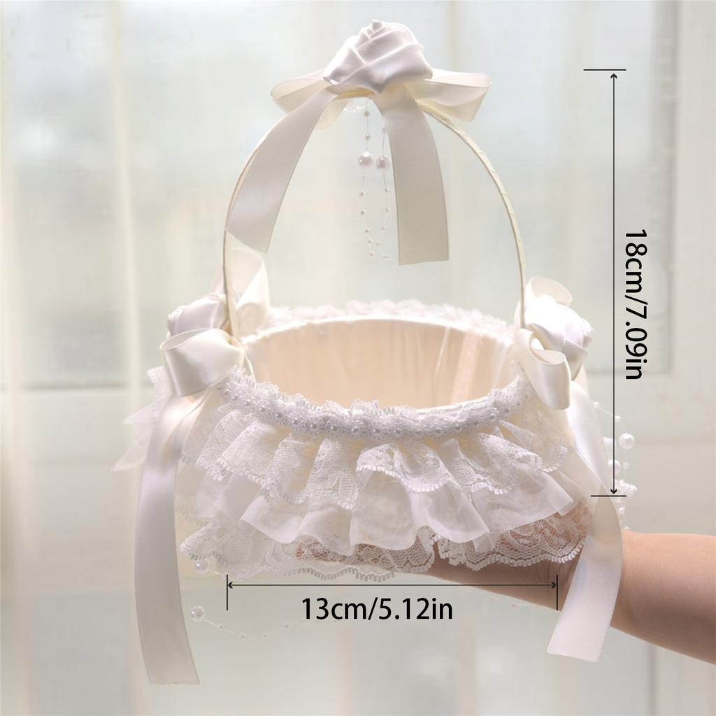 Lace Ruffles Wedding Baskets Bowknot Flower Baskets for Wedding Ceremony Wedding Flower Girl Basket with Flower Handle