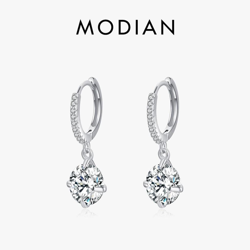 MODIAN Classic Shining Round 4ct Oor Gespen 925 Sterling Zilver Eenvoudige Swing Hoepel Oorbellen Voor Vrouwen Bruiloft Fijne Sieraden Cadeau
