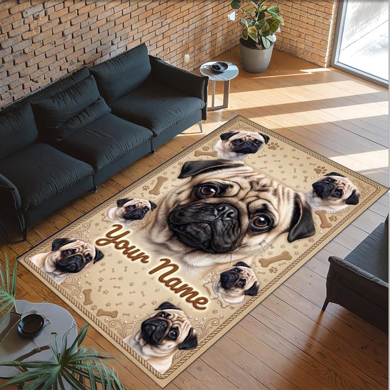 Pug Theme Crystal Velvet Floor Rug Personalized Custom Name Text Warm Carpet Home Decoration
