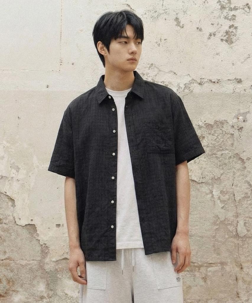 AGOD Vintage Check Front Pocket Half Shirt [Black]