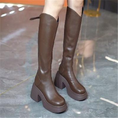 Ботинки на толстой подошве и толстом каблуке 2025 осень и зима новая модель ботильоны кремового цвета с V-образным вырезом до колена сапоги-рыцари ins тренд