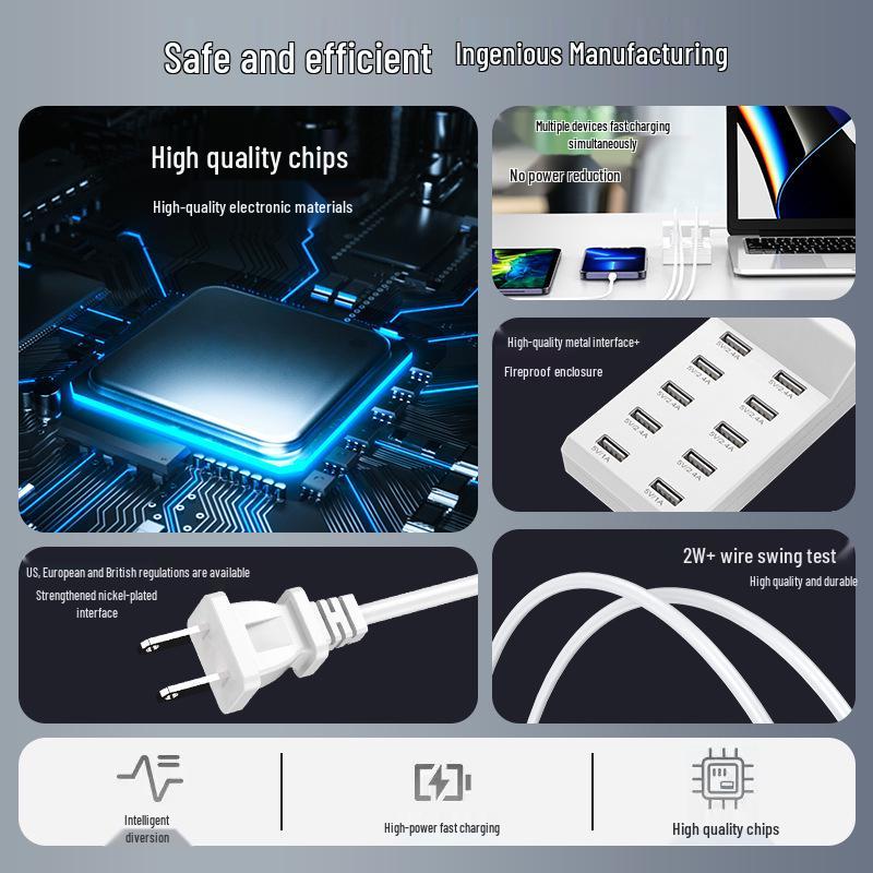 10-Port USB Charger 5V2A Smart Fast Charging Hub for Apple and Xiaomi Devices