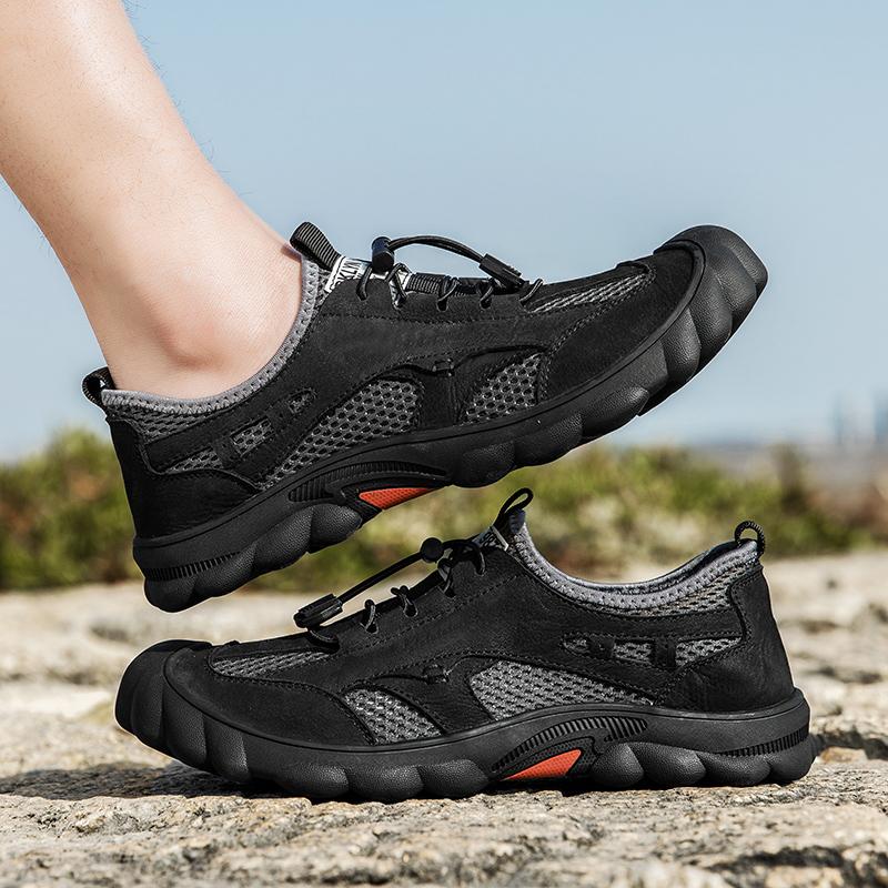 Нескользящие мужские походные туфли из натуральной кожи, дышащие мужские повседневные кроссовки со шнуровкой и сеткой, летняя обувь для активного отдыха