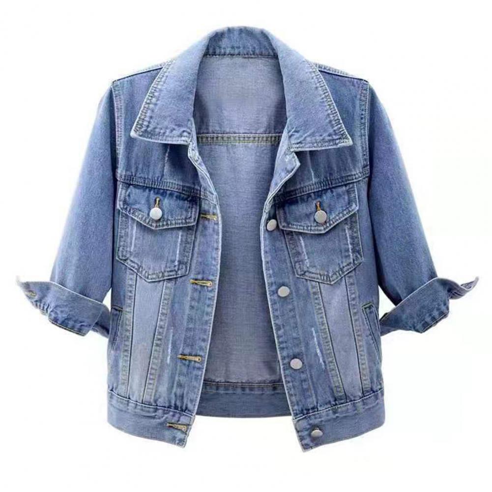Women Denim Jacket Lapel Flap Pockets Denim Coat Single Breasted Casual Short Coat Lady Outerwear Plus Size
