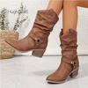Fashion Classic Pleated Design Riding Boot Woman Triangle Buckle Strap Western Booties Ladies Heeled Pointed Toe Brand Design Long Botas