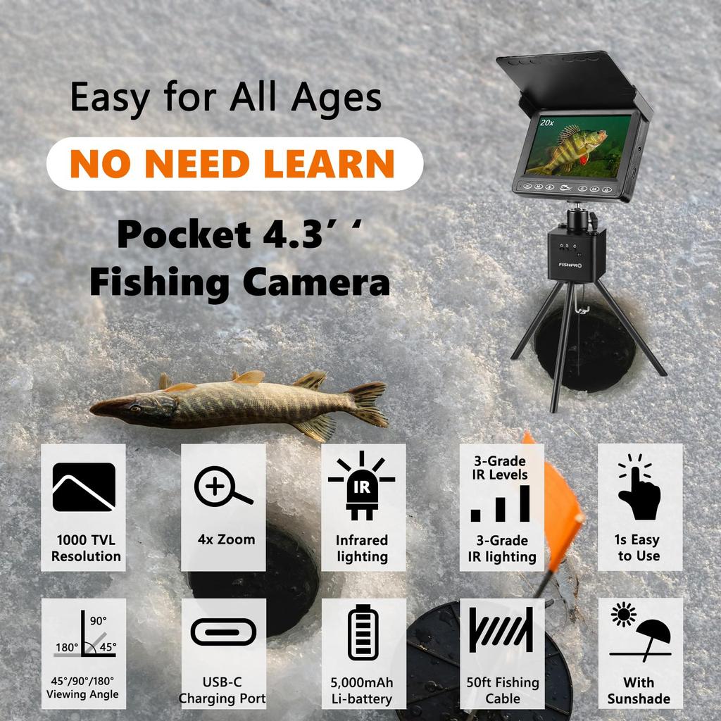 Подводная камера для рыбалки, эхолот для подледной рыбалки U1000TVL для лодки, озера, каяка, портативная 4,3-дюймовая камера для подледной рыбалки, подводное 3-уровневое ИК-освещение