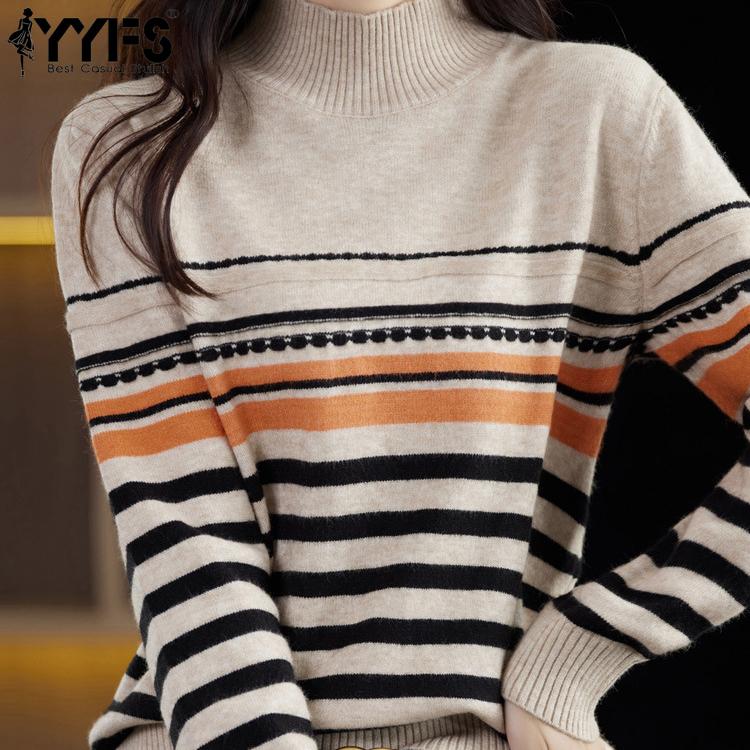 Женская мода, повседневный полосатый принт, осенне-зимние свитера с длинным рукавом и половиной водолазки
