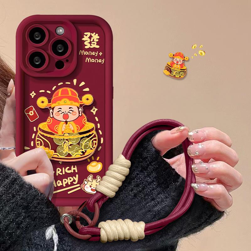 Applicable To Apple 15 Mobile Phone Case IPhone 13/14promax God of Wealth Doll Lanyard 12/11 Frosted Silicone XR