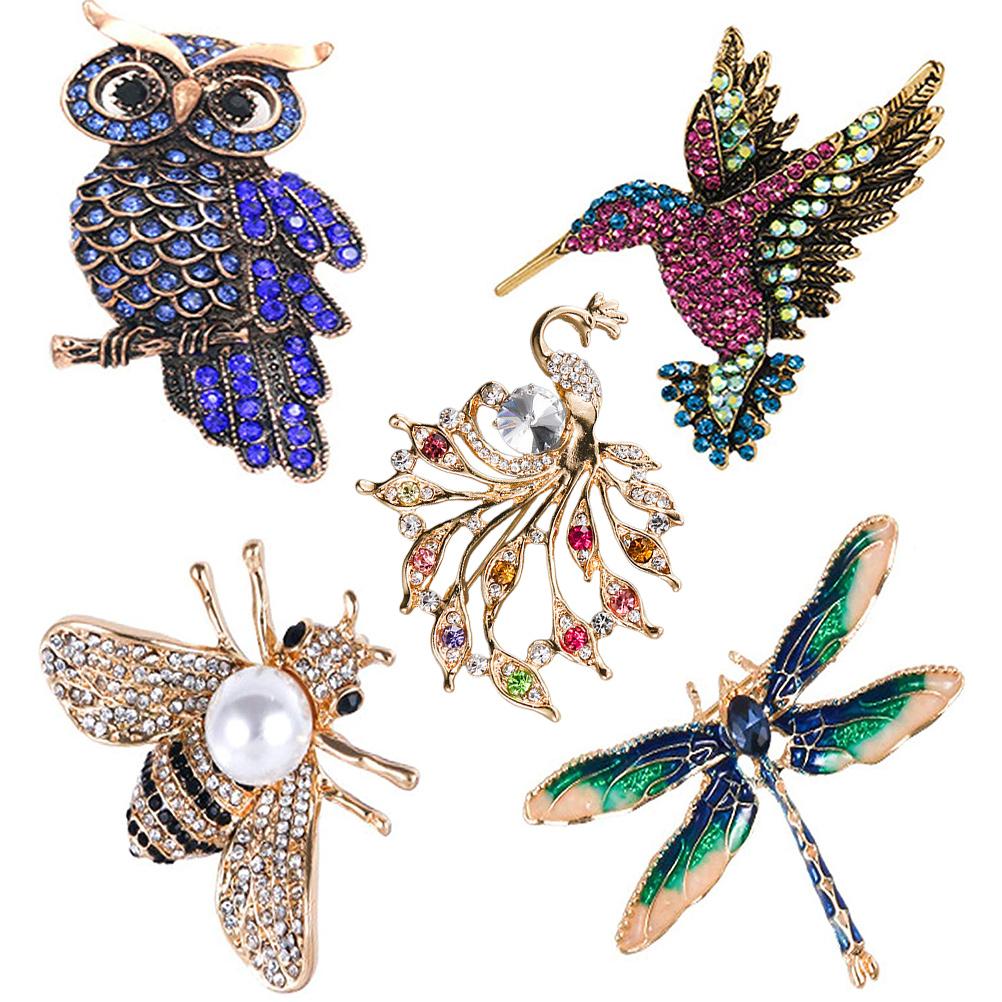 5 Pcs Women Brooch Set Owl Bee Dragonfly Peacock Hummingbird Crystal Brooch Colorful Crystal Brooch for Clothing