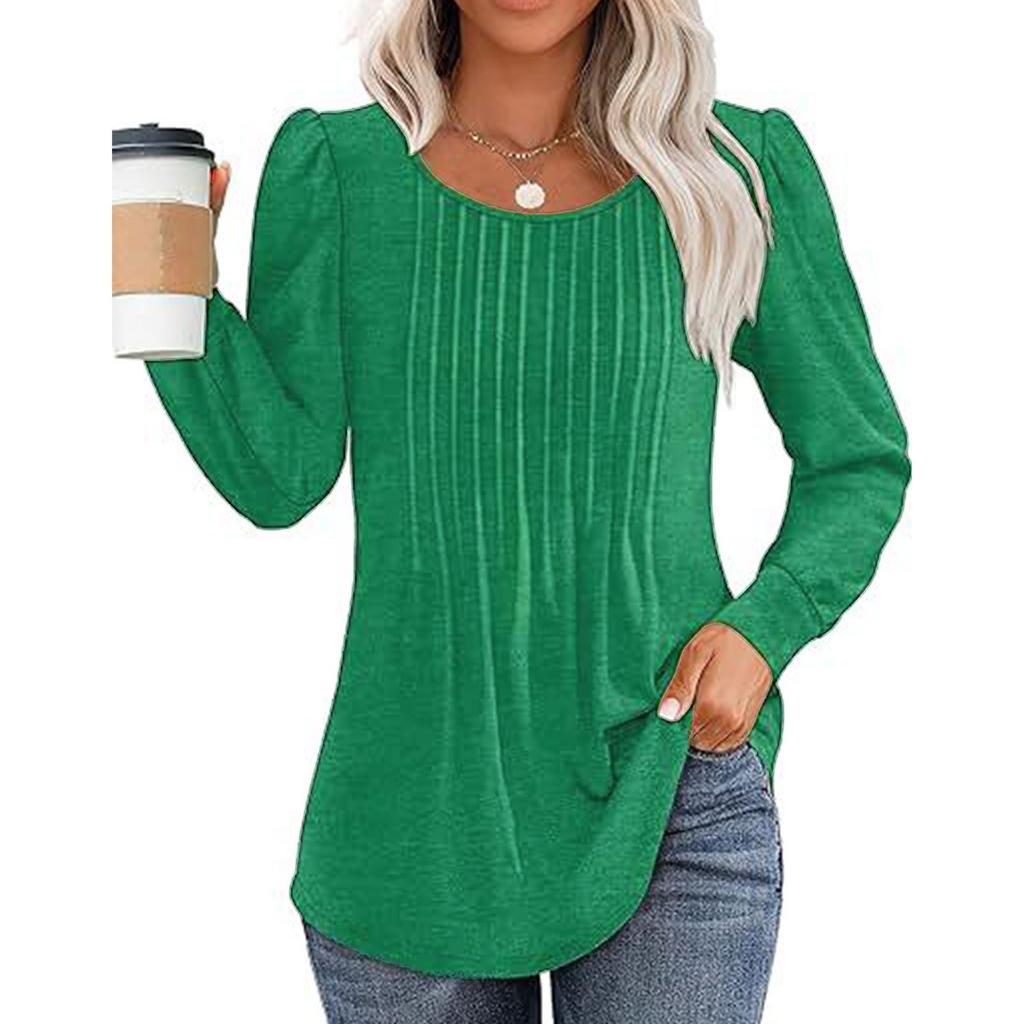 GMXIA Осенняя женская рубашка с длинным рукавом, модная повседневная, плиссированная, с низким круглым вырезом, женская