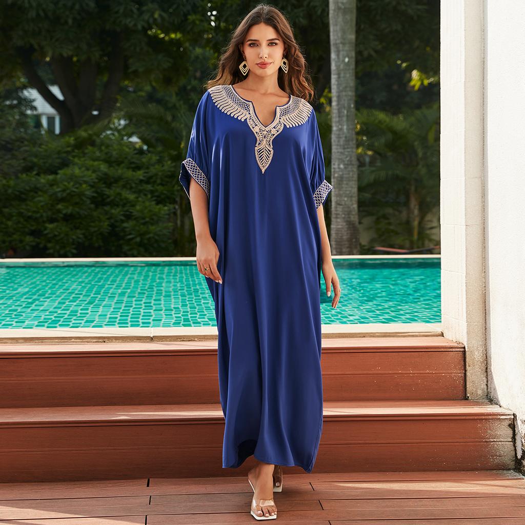 EDOLYNSA Sexy Kaftan Dress Women Plus Size Beach Wear 2023 Bohemian Tie Dye Striped Bikini Cover-ups Long Tunic Swim Suit Cover Up Q1517