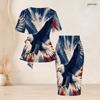 Women Plus Size Round Neck Short Sleeve Printed Tie Waist Top And Fitted Skirt Two Piece Set