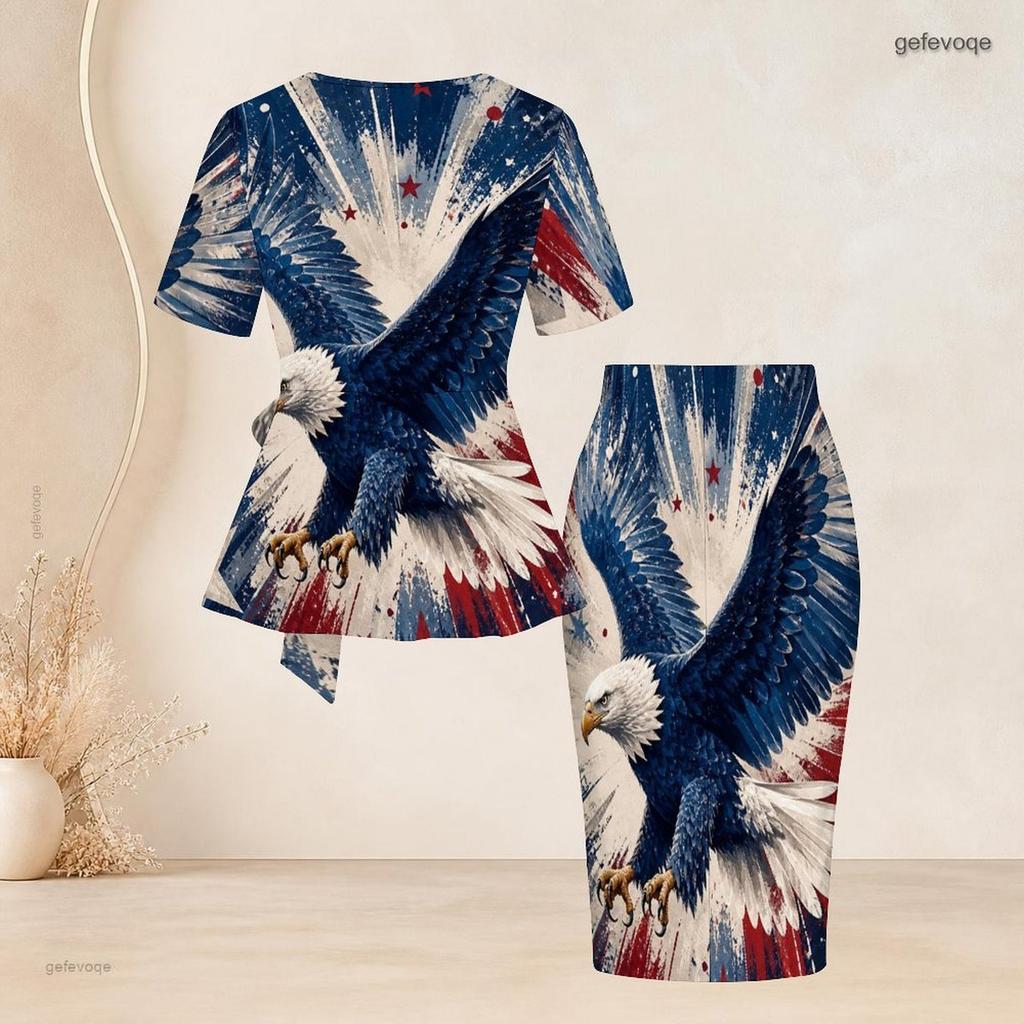 Women Plus Size Round Neck Short Sleeve Printed Tie Waist Top And Fitted Skirt Two Piece Set