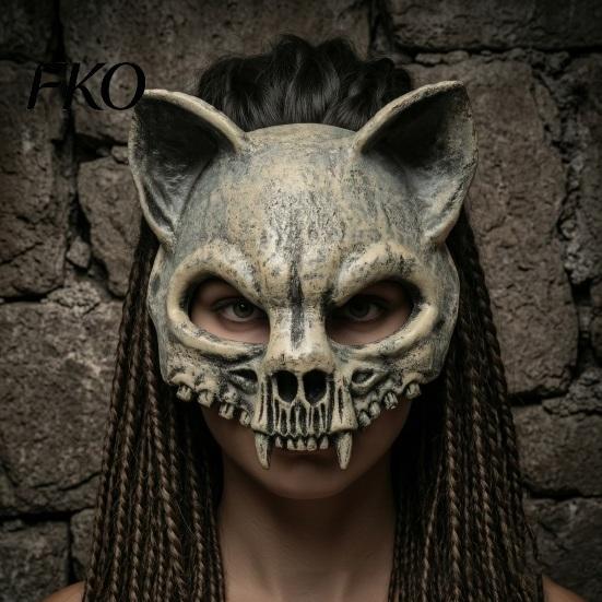 Atmospheric Halloween Costume Animal Skull Masque for Adults, Scary Cat Half Face Large Eye Hole Horror Masque, Creepy Skeleton Party Accessory