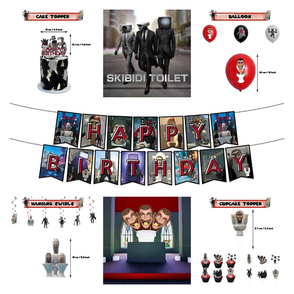 Набор для украшения дня рождения в стиле Skibidi Toilet Тематический топпер для торта-монстра, бумажные флажки, воздушные шары и многое другое!