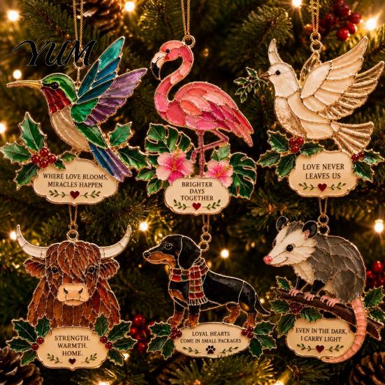 Christmas Tree Hanging Decorations Faux Stained Glass Ornaments, 2D Hummingbird Dachshund Highland Cow Party Ornaments Decoration for Indoor