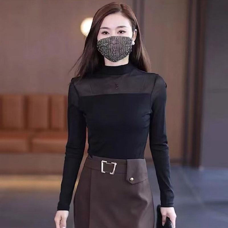 Spring and Autumn Women's Blouse Fashion Versatile Slim and Thin Solid Color High Elastic Mesh Large Elastic Long-sleeved Bottoming Shirt