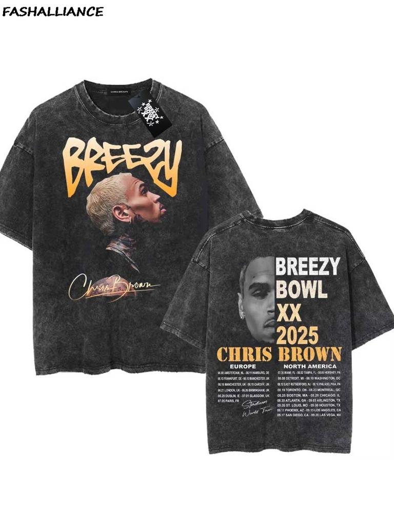 Chris Brown Tag Tshirt Breezy Bowl XX Tour Oversized T shirt Washed Vintage Cotton Hiphop Streetwear CB