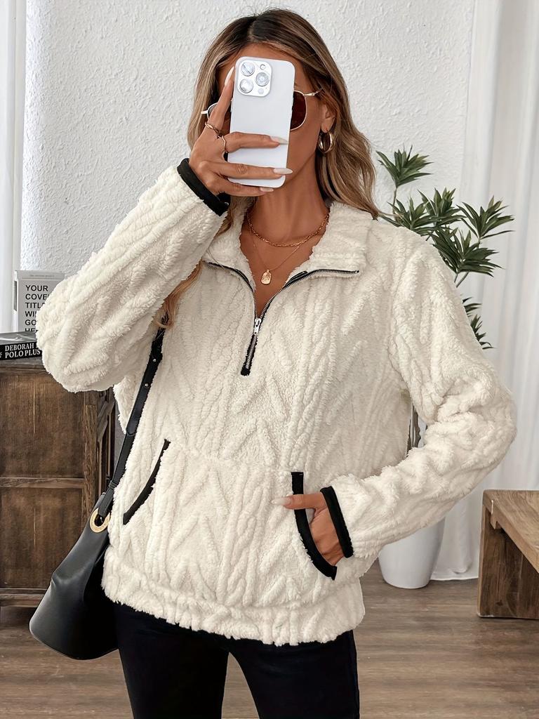 Women'S Fashion Fuzzy Sweatshirt, Solid Color, with Lapel Collar and Zipper Detail, for All-Season Comfort Pullover