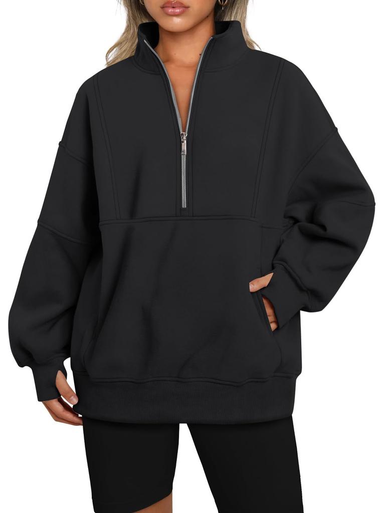 Women's Fleece Hoodie with Pockets, Half Zip, Loose Fit, Contrast Collar, Warm Lined