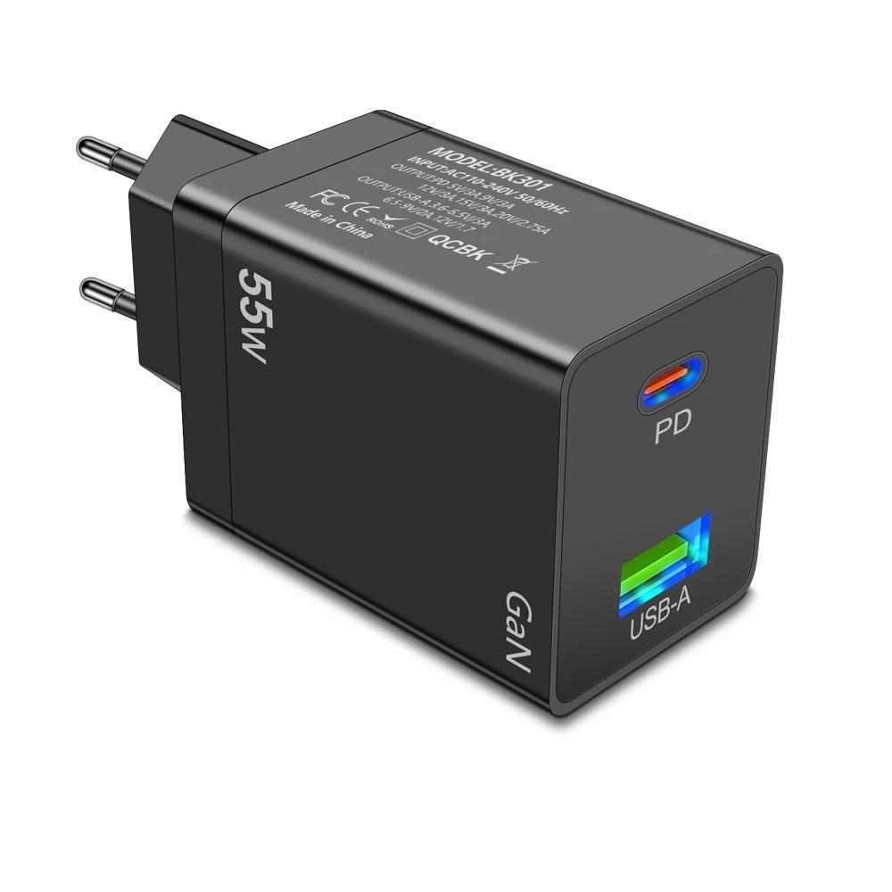 55 Вт GaN USB Type C Зарядное устройство PD QC 3.0 Быстрая зарядка для Macbook Ноутбука IPAD Планшета IPhone 15 14 Samsung S23 Ultra Huawei Xiaomi