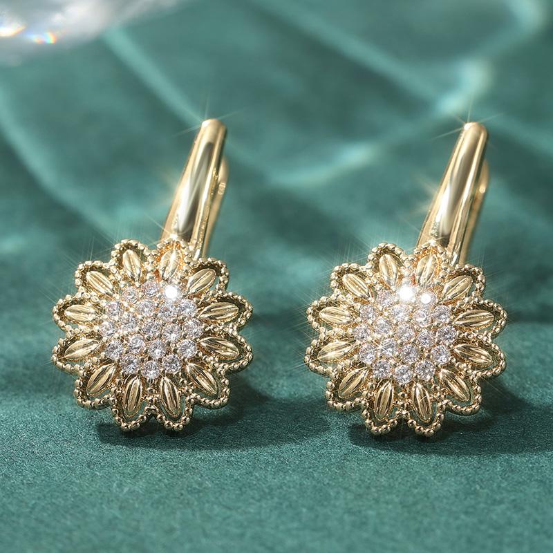 Элегантные Изысканные Серьги-Кольца в Форме Подсолнуха из Синтетической Цирконии для Женщин Позолоченные Свадебные Банкетные Ювелирные Изделия Подарок