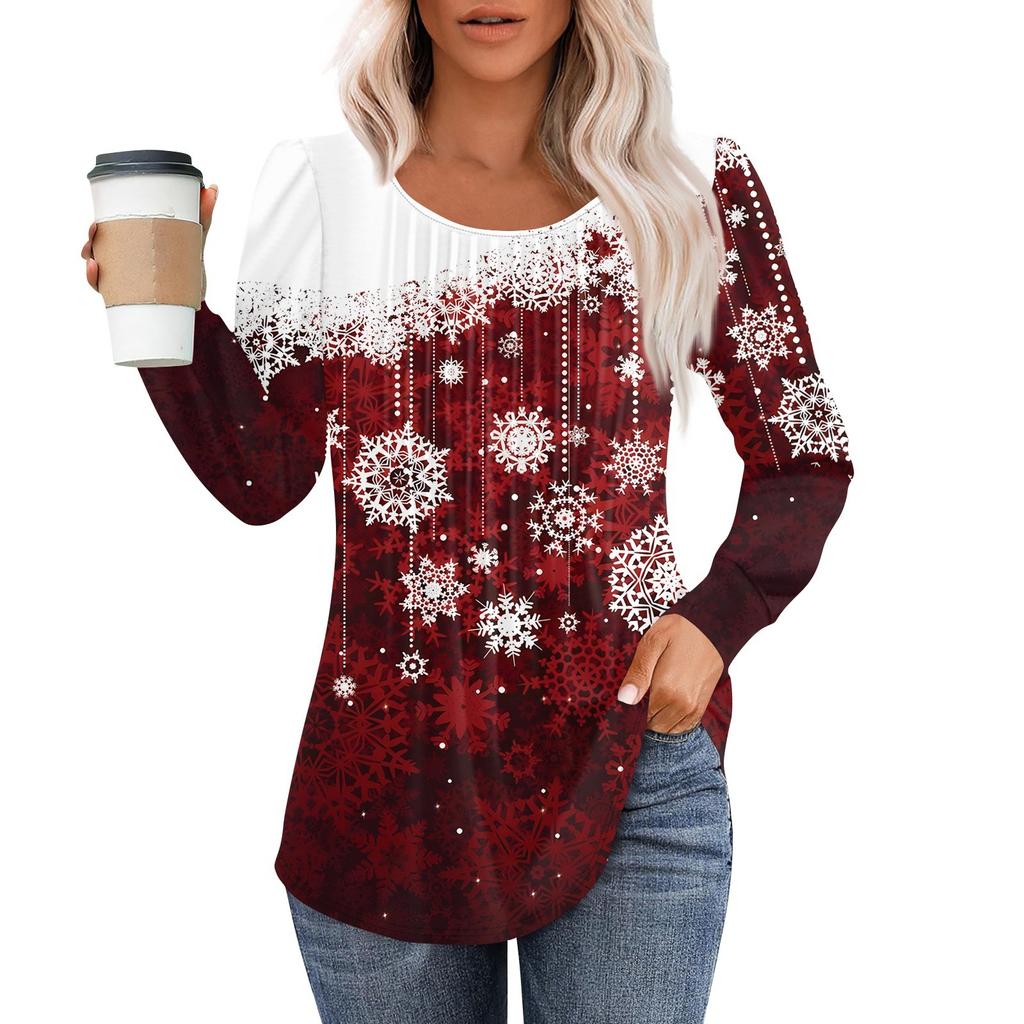 Рубашки с длинным рукавом для женщин, топы, нарядные повседневные блузки с рождественским принтом, плиссированные туники с круглым вырезом