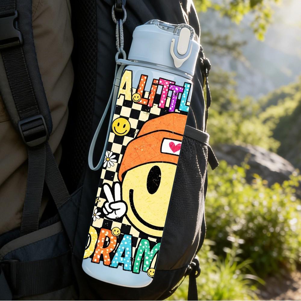 1PC Dramatic Smiley Face Checkerboard Print 750ml Color Plastic Sports Water Bottle Leakproof Flip Straw Lid Suitable for Sports Office Home Use