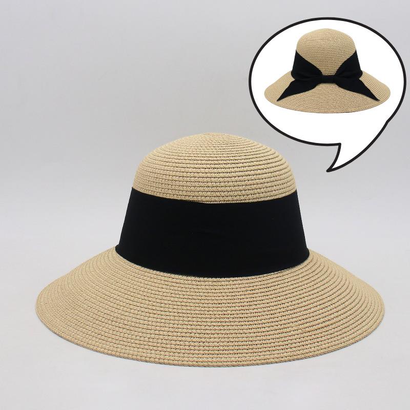 Niche fashion versatile lace bow sun hat new straw hat women's big brim seaside sunshade beach hat