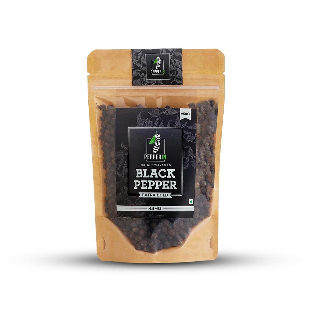 Pepperin® Black Peppercorns (Whole) Extra Bold | 100% Natural Sabut Kali Mirch | 100% Chemical-Free | Wayanad Origin - 250gm