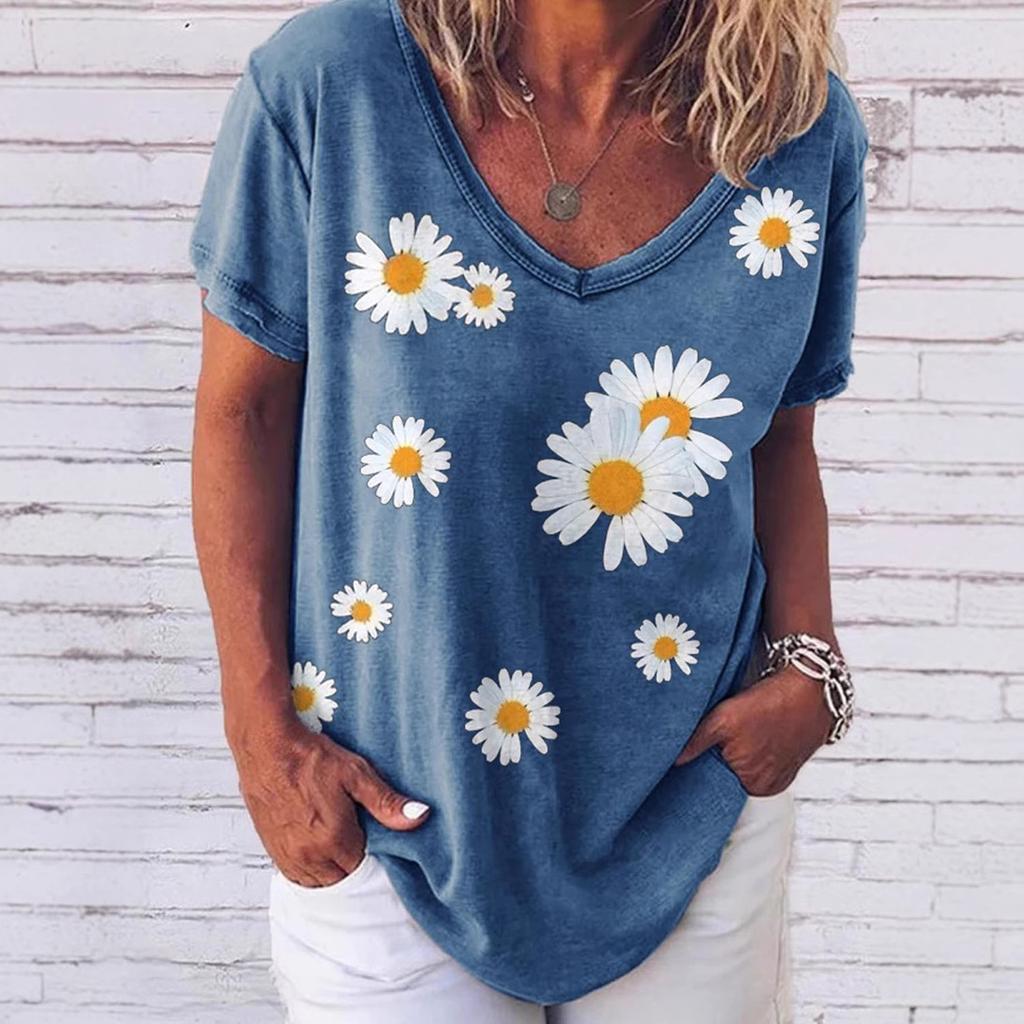 Vintage Women Floral Print T Shirt Short Sleeve V Neck Tops Comfortable T-shirts