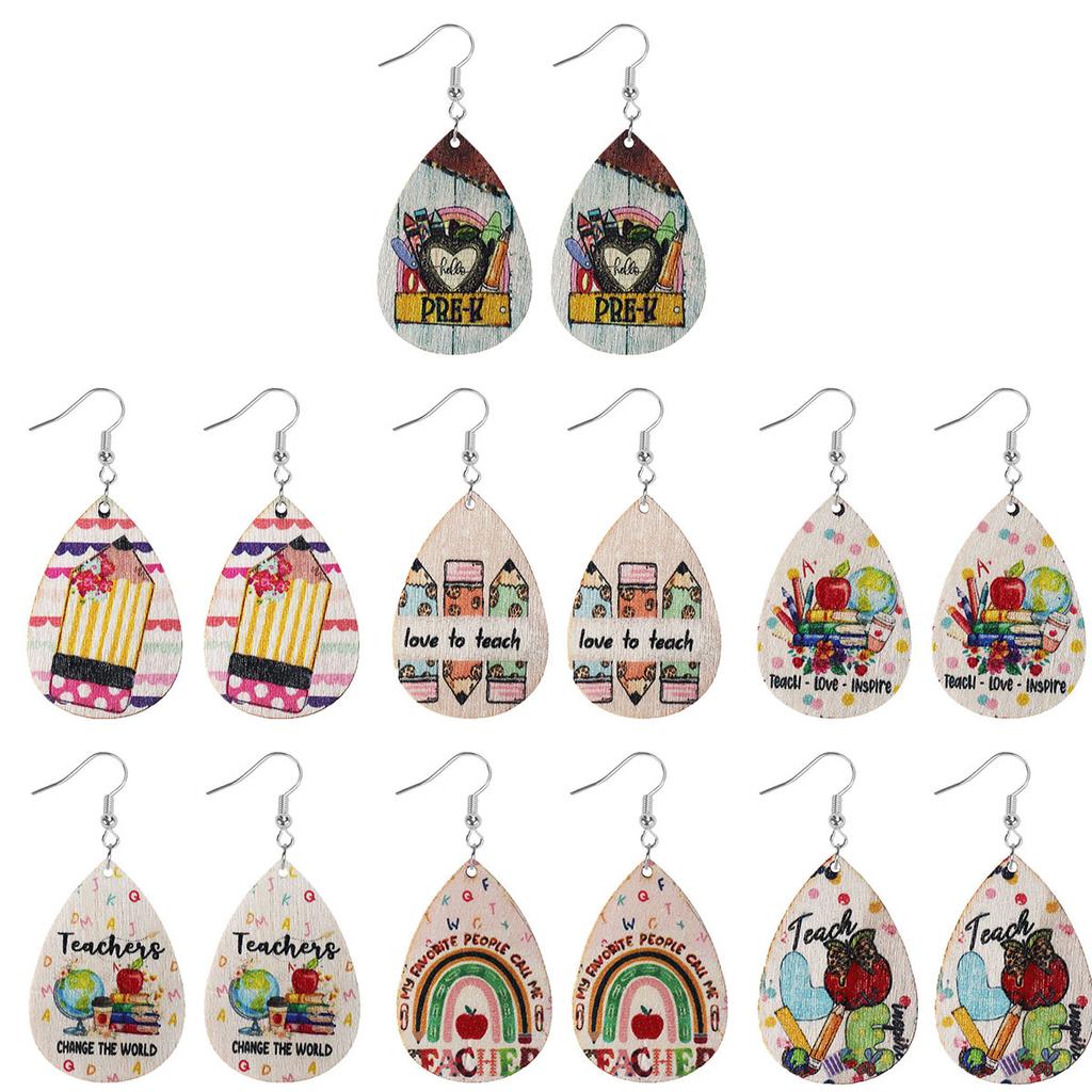 School Season Teacher Student Water Drop Shaped Wooden Earrings Student Handwritten Rainbow Bridge Stability
