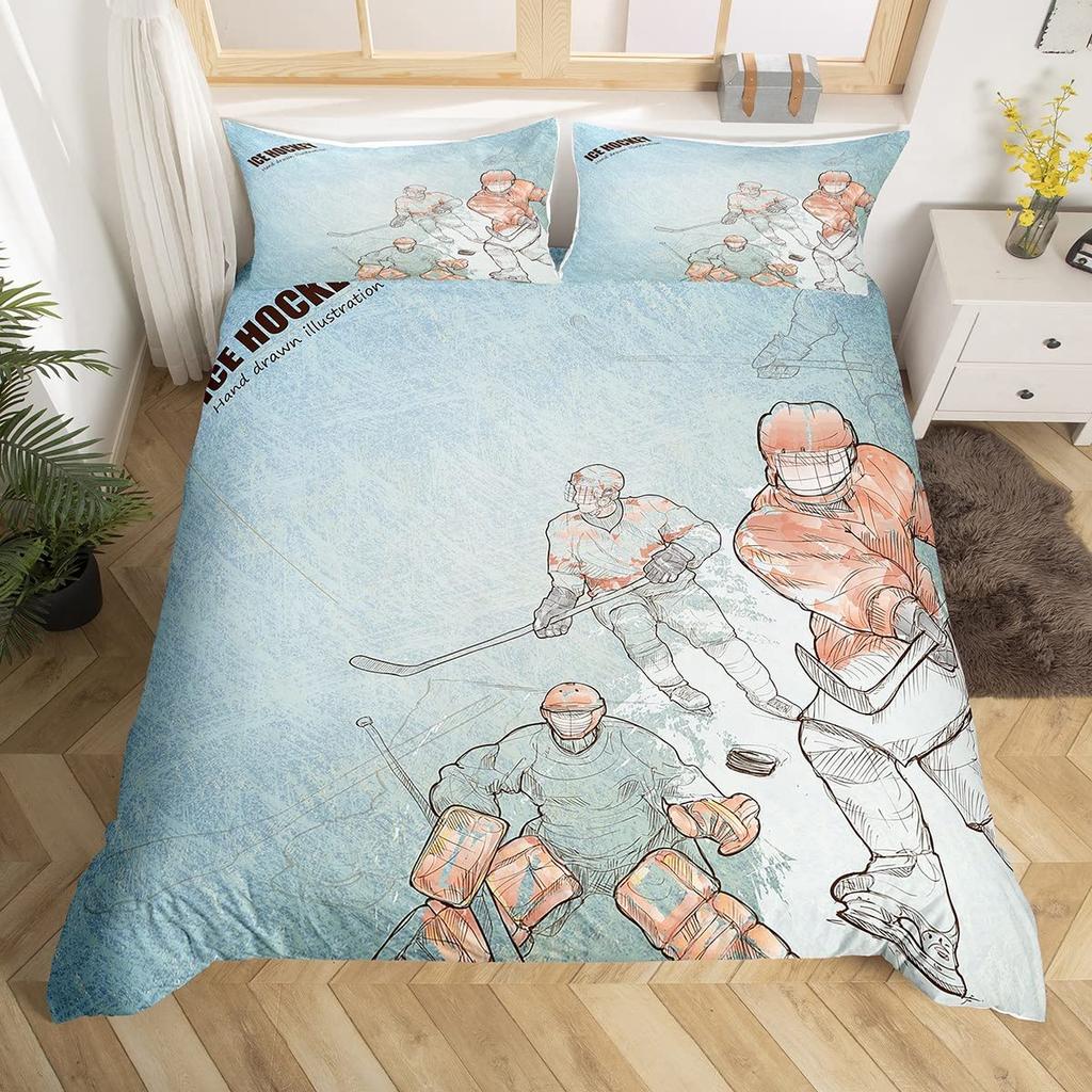 Граффити Хоккей Пододеяльник Зимний Спорт Постельное Белье Комплект Детский Мальчики Хоккеист Пододеяльник Акварель Спорт Покрывало