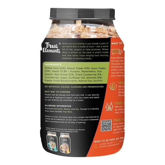 True Elements Crunchy Nuts & Berries Muesli, Almonds& Cranberries 1kg - Muesli Nuts Delight - 30% Berries | Protein Muesli| Healthy Breakfast