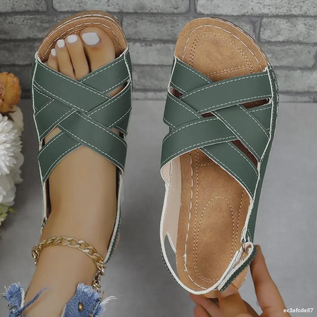 Женские сандалии на большой платформе с липучками — открытый носок, полый дизайн, перекрестные ремешки, пляжный стиль из Юго-Восточной Азии