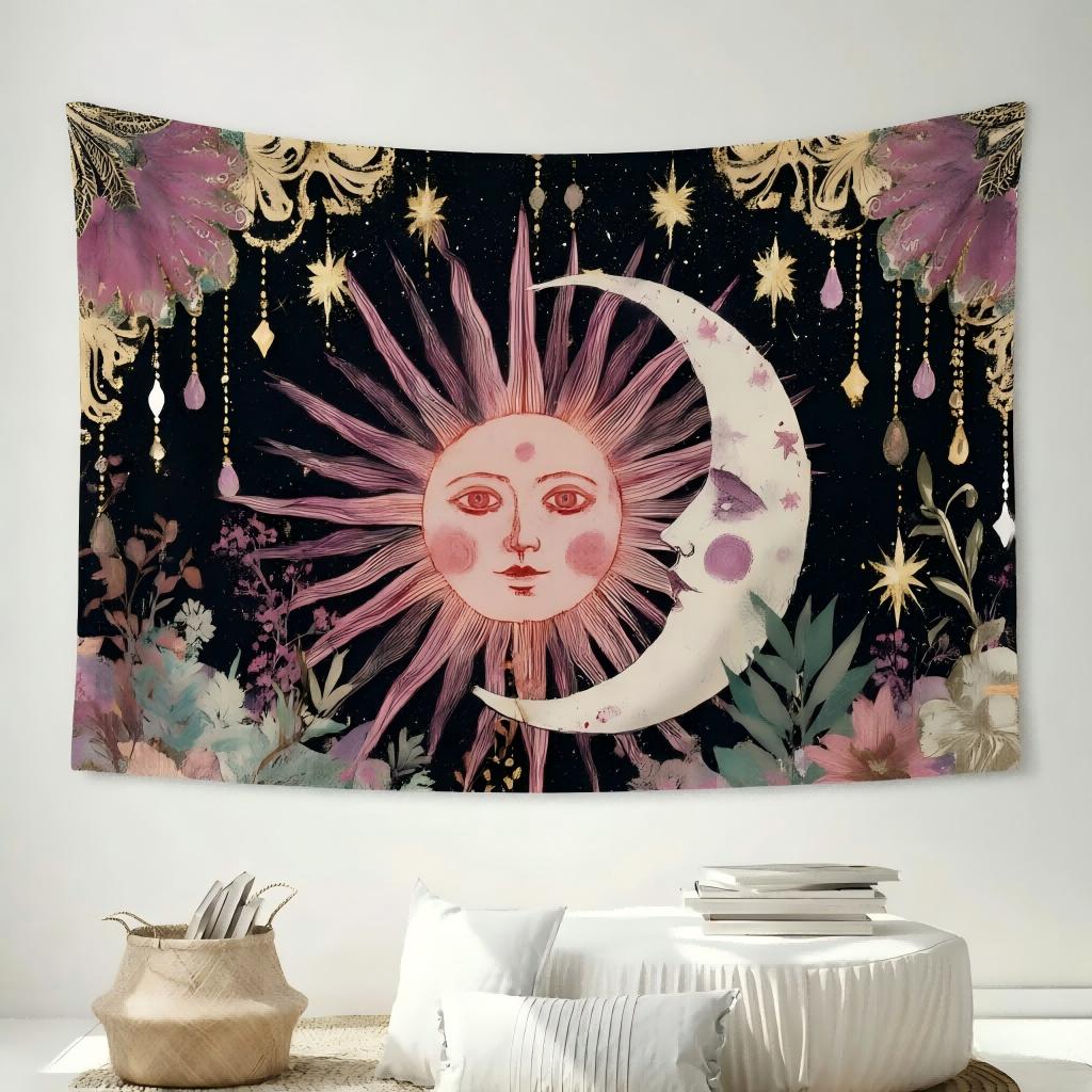 1pc Vintage Bohemian Sun Moon Face Tapestry Flower Star Pattern HD Print Celestial Wall Hanging Aesthetic Home Decor for Bedroom
