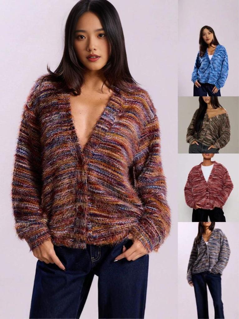 2026 European Retro Deep V-Neck Plush Long Sleeve Cardigan